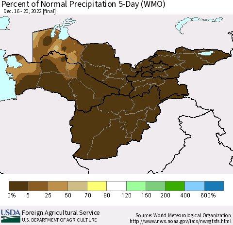 Central Asia Percent of Normal Precipitation 5-Day (WMO) Thematic Map For 12/16/2022 - 12/20/2022