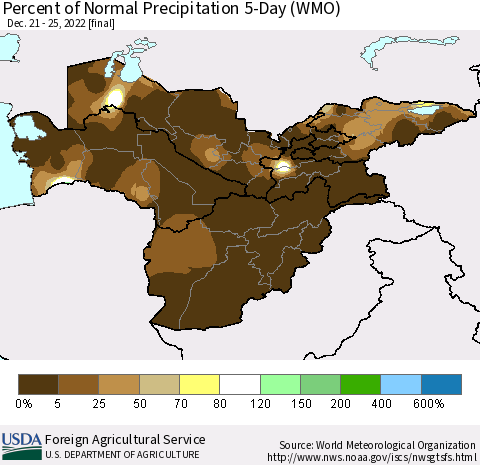 Central Asia Percent of Normal Precipitation 5-Day (WMO) Thematic Map For 12/21/2022 - 12/25/2022