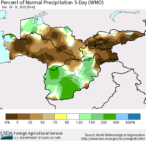 Central Asia Percent of Normal Precipitation 5-Day (WMO) Thematic Map For 12/26/2022 - 12/31/2022