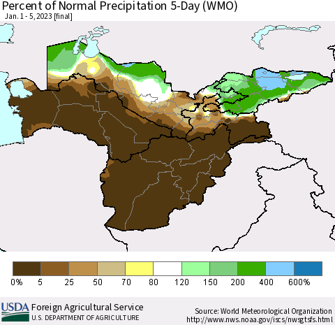 Central Asia Percent of Normal Precipitation 5-Day (WMO) Thematic Map For 1/1/2023 - 1/5/2023