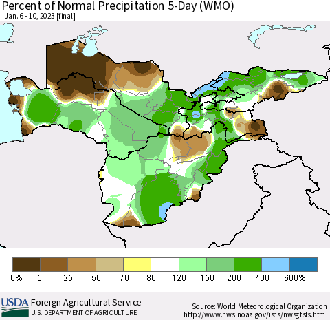Central Asia Percent of Normal Precipitation 5-Day (WMO) Thematic Map For 1/6/2023 - 1/10/2023