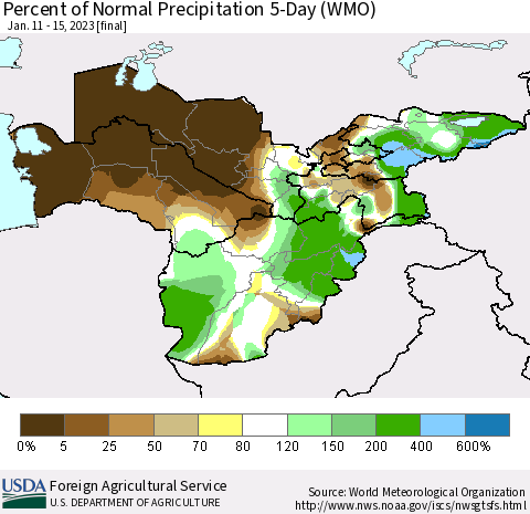Central Asia Percent of Normal Precipitation 5-Day (WMO) Thematic Map For 1/11/2023 - 1/15/2023