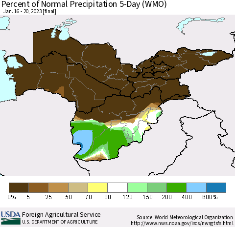 Central Asia Percent of Normal Precipitation 5-Day (WMO) Thematic Map For 1/16/2023 - 1/20/2023