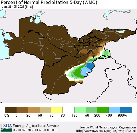 Central Asia Percent of Normal Precipitation 5-Day (WMO) Thematic Map For 1/21/2023 - 1/25/2023