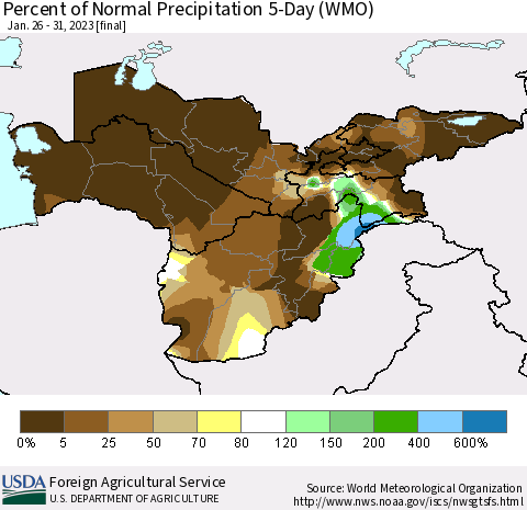 Central Asia Percent of Normal Precipitation 5-Day (WMO) Thematic Map For 1/26/2023 - 1/31/2023