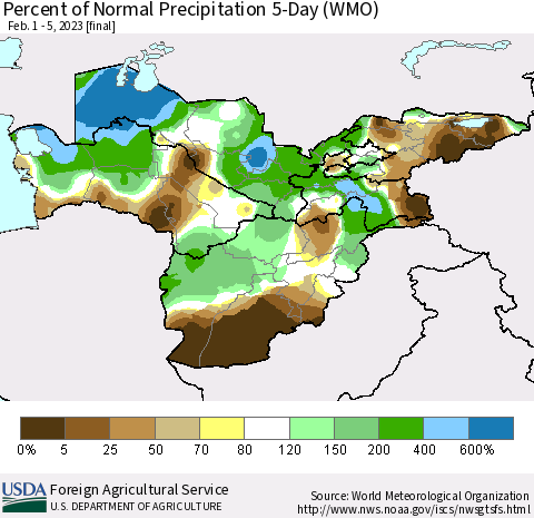 Central Asia Percent of Normal Precipitation 5-Day (WMO) Thematic Map For 2/1/2023 - 2/5/2023