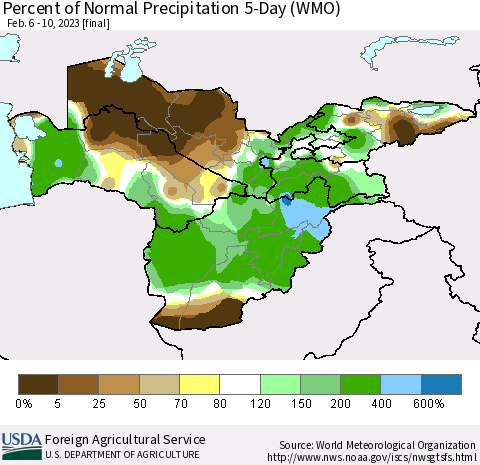 Central Asia Percent of Normal Precipitation 5-Day (WMO) Thematic Map For 2/6/2023 - 2/10/2023