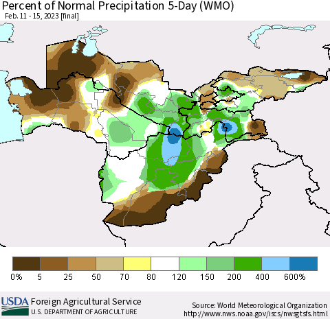 Central Asia Percent of Normal Precipitation 5-Day (WMO) Thematic Map For 2/11/2023 - 2/15/2023
