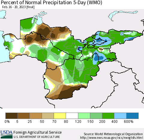 Central Asia Percent of Normal Precipitation 5-Day (WMO) Thematic Map For 2/16/2023 - 2/20/2023