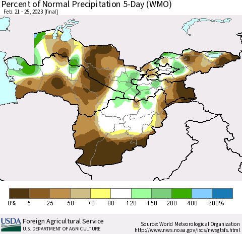 Central Asia Percent of Normal Precipitation 5-Day (WMO) Thematic Map For 2/21/2023 - 2/25/2023