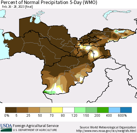 Central Asia Percent of Normal Precipitation 5-Day (WMO) Thematic Map For 2/26/2023 - 2/28/2023