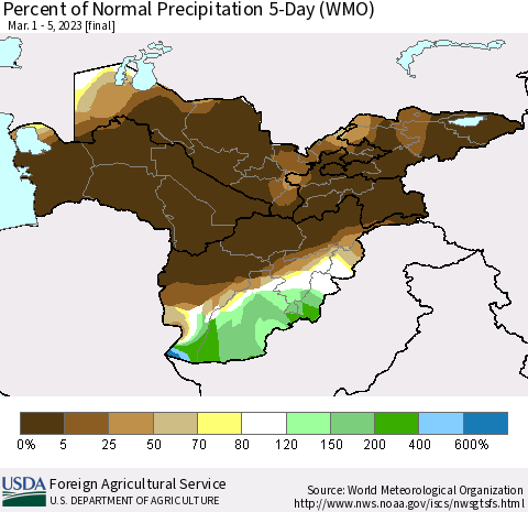 Central Asia Percent of Normal Precipitation 5-Day (WMO) Thematic Map For 3/1/2023 - 3/5/2023