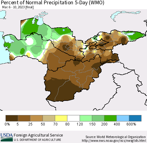 Central Asia Percent of Normal Precipitation 5-Day (WMO) Thematic Map For 3/6/2023 - 3/10/2023