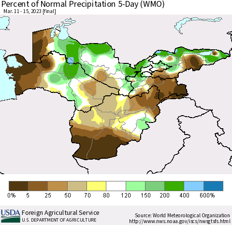 Central Asia Percent of Normal Precipitation 5-Day (WMO) Thematic Map For 3/11/2023 - 3/15/2023