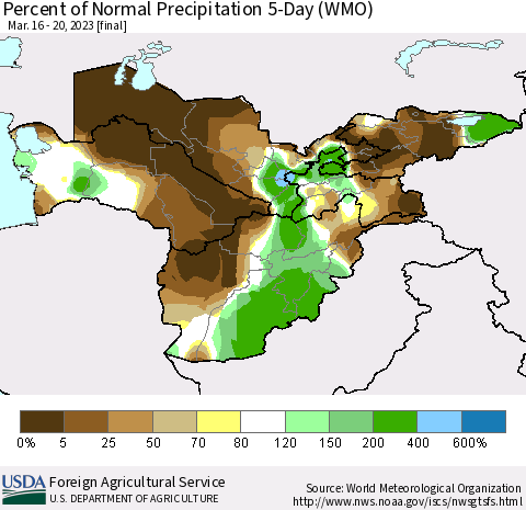 Central Asia Percent of Normal Precipitation 5-Day (WMO) Thematic Map For 3/16/2023 - 3/20/2023
