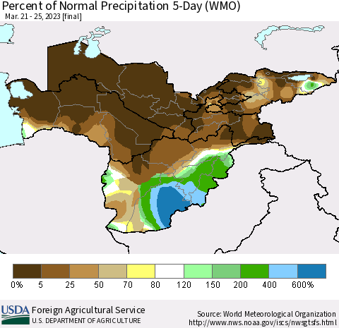 Central Asia Percent of Normal Precipitation 5-Day (WMO) Thematic Map For 3/21/2023 - 3/25/2023