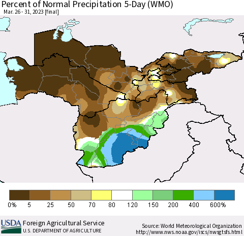 Central Asia Percent of Normal Precipitation 5-Day (WMO) Thematic Map For 3/26/2023 - 3/31/2023