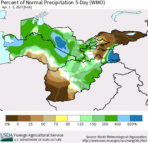 Central Asia Percent of Normal Precipitation 5-Day (WMO) Thematic Map For 4/1/2023 - 4/5/2023