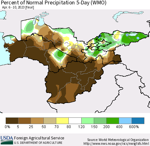 Central Asia Percent of Normal Precipitation 5-Day (WMO) Thematic Map For 4/6/2023 - 4/10/2023