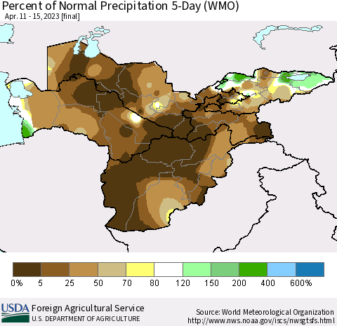 Central Asia Percent of Normal Precipitation 5-Day (WMO) Thematic Map For 4/11/2023 - 4/15/2023