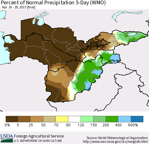 Central Asia Percent of Normal Precipitation 5-Day (WMO) Thematic Map For 4/16/2023 - 4/20/2023