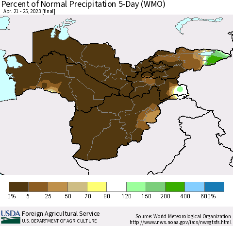 Central Asia Percent of Normal Precipitation 5-Day (WMO) Thematic Map For 4/21/2023 - 4/25/2023