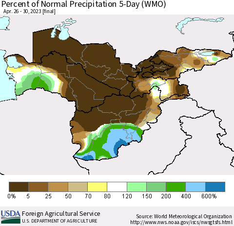 Central Asia Percent of Normal Precipitation 5-Day (WMO) Thematic Map For 4/26/2023 - 4/30/2023