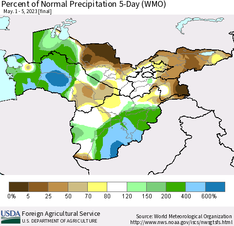 Central Asia Percent of Normal Precipitation 5-Day (WMO) Thematic Map For 5/1/2023 - 5/5/2023