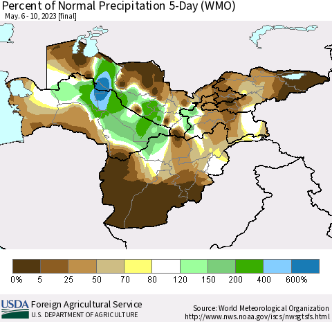 Central Asia Percent of Normal Precipitation 5-Day (WMO) Thematic Map For 5/6/2023 - 5/10/2023