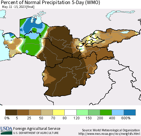 Central Asia Percent of Normal Precipitation 5-Day (WMO) Thematic Map For 5/11/2023 - 5/15/2023