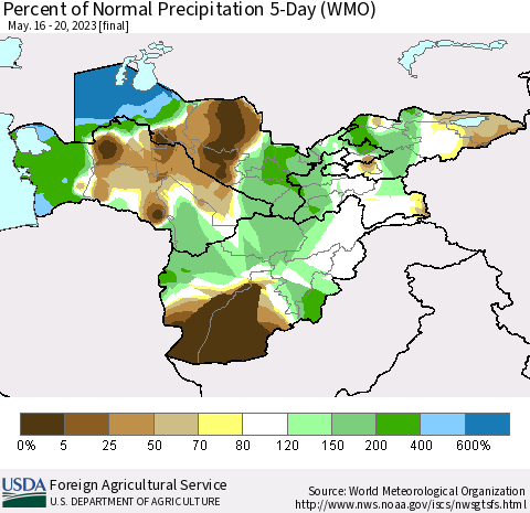Central Asia Percent of Normal Precipitation 5-Day (WMO) Thematic Map For 5/16/2023 - 5/20/2023