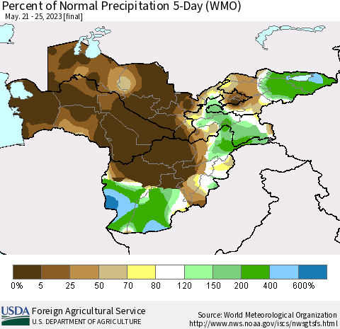 Central Asia Percent of Normal Precipitation 5-Day (WMO) Thematic Map For 5/21/2023 - 5/25/2023