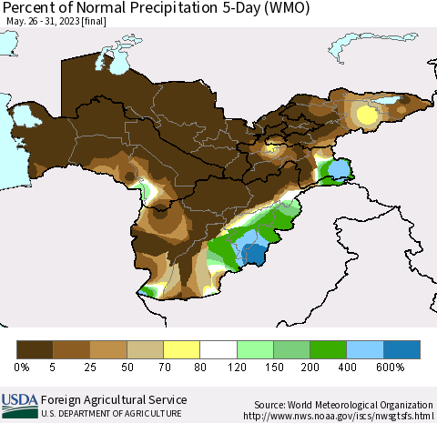 Central Asia Percent of Normal Precipitation 5-Day (WMO) Thematic Map For 5/26/2023 - 5/31/2023
