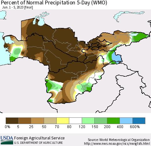 Central Asia Percent of Normal Precipitation 5-Day (WMO) Thematic Map For 6/1/2023 - 6/5/2023