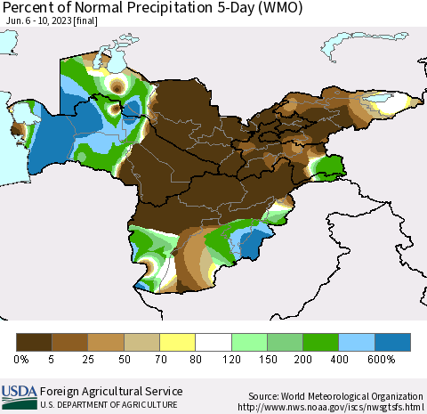Central Asia Percent of Normal Precipitation 5-Day (WMO) Thematic Map For 6/6/2023 - 6/10/2023