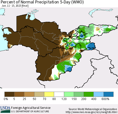 Central Asia Percent of Normal Precipitation 5-Day (WMO) Thematic Map For 6/11/2023 - 6/15/2023