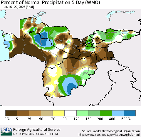 Central Asia Percent of Normal Precipitation 5-Day (WMO) Thematic Map For 6/16/2023 - 6/20/2023
