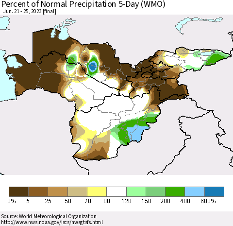 Central Asia Percent of Normal Precipitation 5-Day (WMO) Thematic Map For 6/21/2023 - 6/25/2023