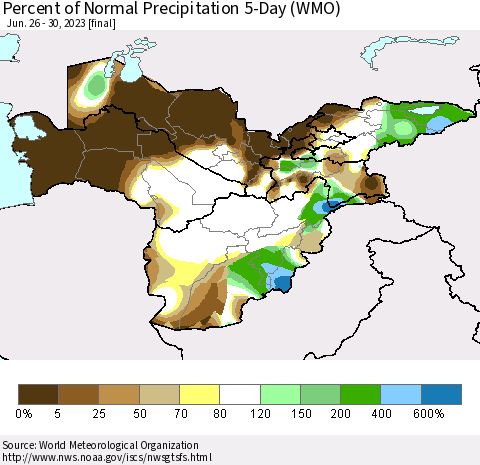 Central Asia Percent of Normal Precipitation 5-Day (WMO) Thematic Map For 6/26/2023 - 6/30/2023