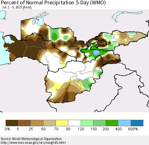 Central Asia Percent of Normal Precipitation 5-Day (WMO) Thematic Map For 7/1/2023 - 7/5/2023