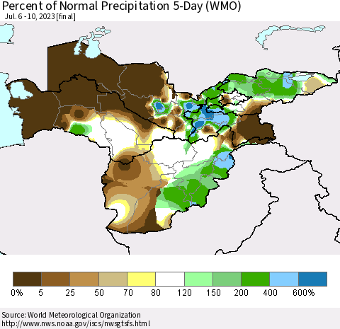 Central Asia Percent of Normal Precipitation 5-Day (WMO) Thematic Map For 7/6/2023 - 7/10/2023