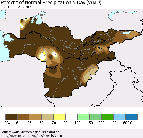 Central Asia Percent of Normal Precipitation 5-Day (WMO) Thematic Map For 7/11/2023 - 7/15/2023