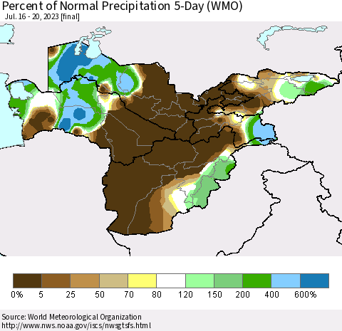 Central Asia Percent of Normal Precipitation 5-Day (WMO) Thematic Map For 7/16/2023 - 7/20/2023
