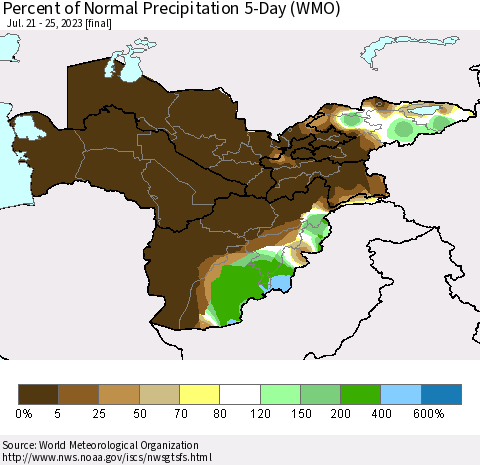 Central Asia Percent of Normal Precipitation 5-Day (WMO) Thematic Map For 7/21/2023 - 7/25/2023