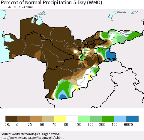 Central Asia Percent of Normal Precipitation 5-Day (WMO) Thematic Map For 7/26/2023 - 7/31/2023