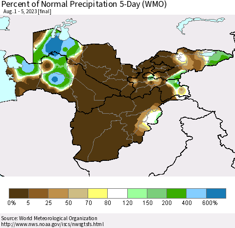 Central Asia Percent of Normal Precipitation 5-Day (WMO) Thematic Map For 8/1/2023 - 8/5/2023