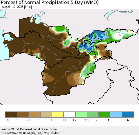 Central Asia Percent of Normal Precipitation 5-Day (WMO) Thematic Map For 8/6/2023 - 8/10/2023