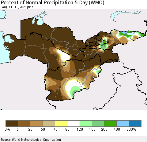 Central Asia Percent of Normal Precipitation 5-Day (WMO) Thematic Map For 8/11/2023 - 8/15/2023