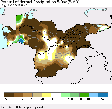 Central Asia Percent of Normal Precipitation 5-Day (WMO) Thematic Map For 8/16/2023 - 8/20/2023