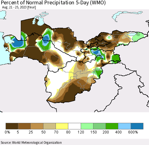Central Asia Percent of Normal Precipitation 5-Day (WMO) Thematic Map For 8/21/2023 - 8/25/2023